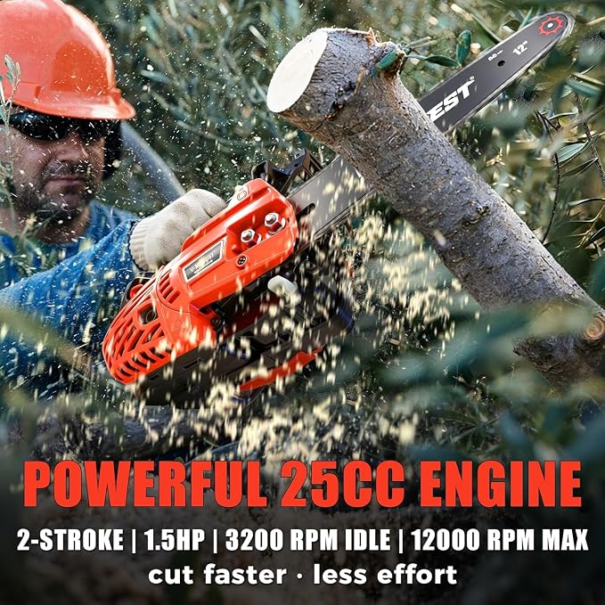 Gas Chainsaw 12 inch, Top Handle Chainsaw 25cc 2-Stroke Small Gas Powered Chain Saw, Lightweight 5.5 lbs, 1/4" LP Low Kickback Chain for Pruning, Yard & Garden, Easy to Use