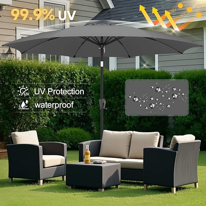 FLAME&SHADE 11 ft Patio Umbrella - Table Umbrella Outdoor with Push Button Tilt and Crank, UV Protection, 8 Sturdy Ribs, Market Umbrella for Garden, Deck, Backyard, Lawn, Pool and Beach(Anthracite)