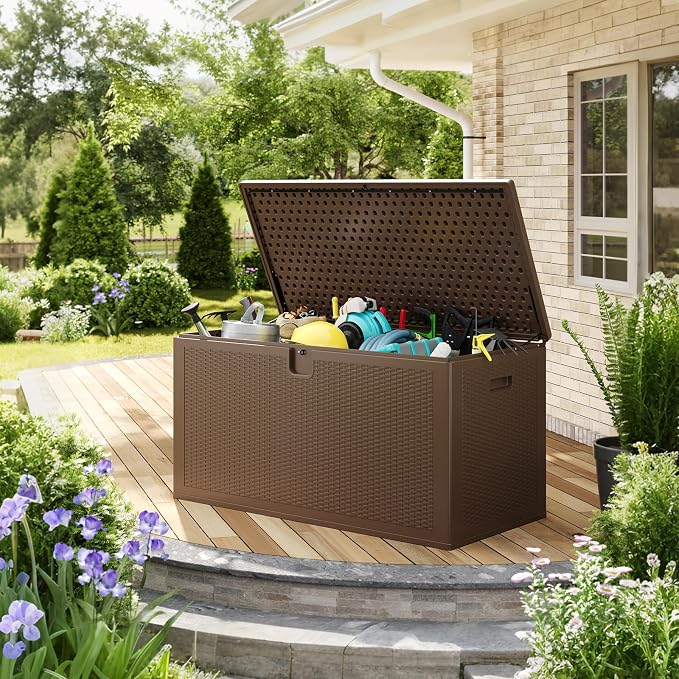 Takywep 150 Gallon Resin Outdoor Deck Storage Box, Weather Resistant Patio Storage Bin with Lockable Hinged Lid, Built-in Side Handles, Weight Bearing Bench Seat for Garden Pool Porch Supplies, Brown