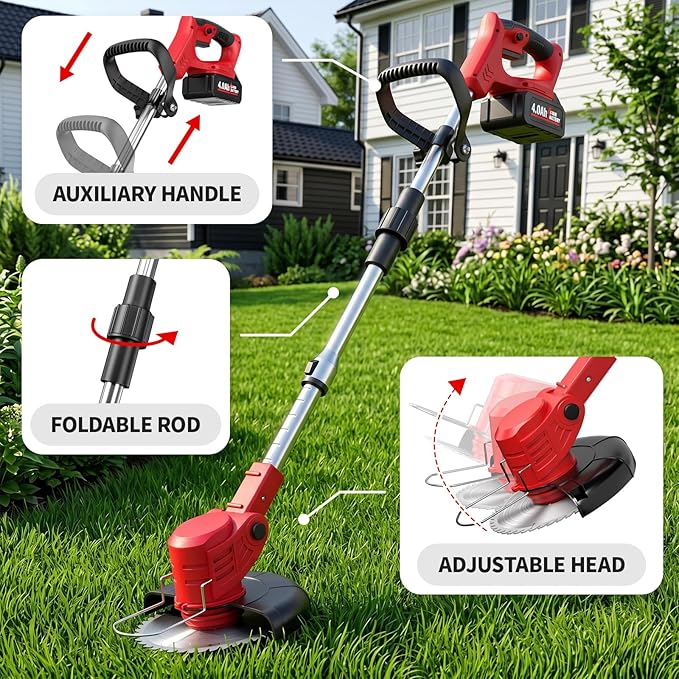 FULLYEA Electric Weed Wacker Cordless, Foldable Grass Trimmer with 2*4.0Ah Batteries & Charger, Brush Cutter Battery Powered with 3 Types Blades, Lawn Mover Lightweight Weed Eater for Lawn Yard Garden