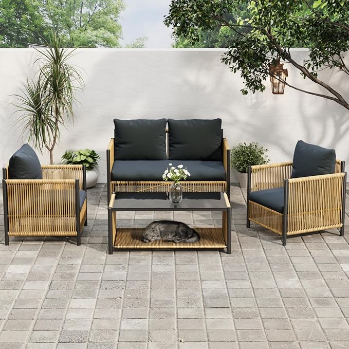 4 Pieces Aluminum Outdoor Patio Furniture Set - 2 Pcs Armchair, Loveseat & Dual-Layer Coffee Table - Rope Sectional Conversation Sofa Sets with Washable Thick Cushion for Garden, Backyard, Porch