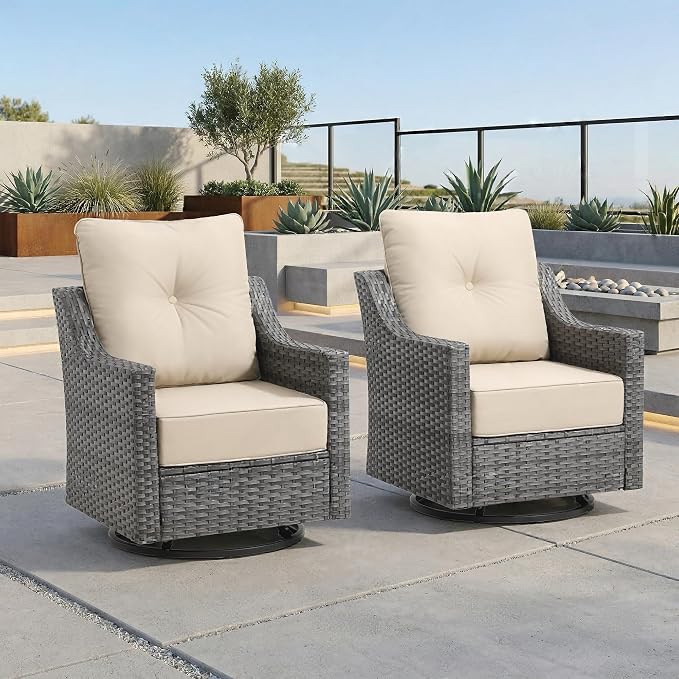 2 Piece Patio Furniture Set, Outdoor Swivel Rocker Chairs Set of 2, Grey Wicker Conversation Chairs with 6-Inch Thick Cushions, High Back Seating, Beige Olefin Covers for Porch, Deck