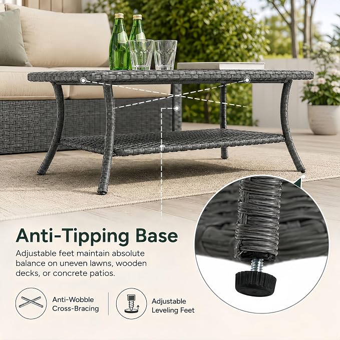 HUMMUH 42-inch 2-Tier Outdoor Patio Coffee Table, Grey PE Rattan Center Table with Powder-Coated Metal Frame for Garden, Backyard, Porch Storage