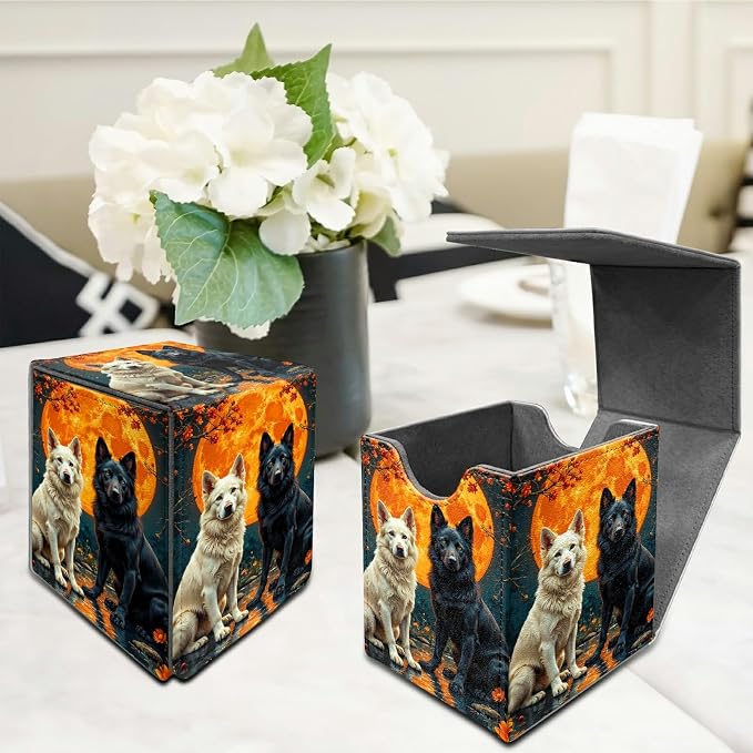 Black White Wolf Card Deck Box for MTG, Personalized Card Storage Case Fits 120+ Sleeved Cards, Premium Leather TCG Box with Strong Magnetic Closure for Magic, CCG, PTCG, Baseball Cards