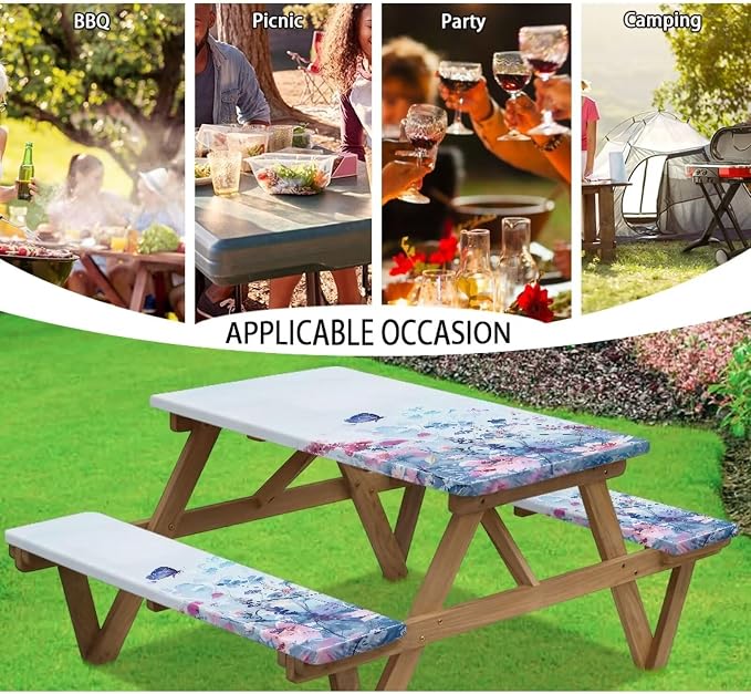 Blue Floral Picnic Table Cover with Bench Covers 3 Piece Fitted Picnic Table Cover with Bench Covers Picnic Table Covers with Elastic Band Picnic Table Cover for Outdoor, BBQ, Camping