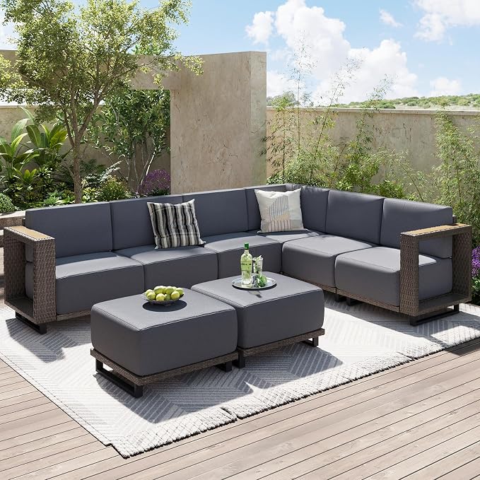 Aoxun Patio Furniture Set, 8 Piece Outdoor Wicker Sectional Sofa Set, All-Weather Rattan with 10'' Ultra-Thick Cushions, Outdoor Conversation Set for Backyard, Poolside and Garden, Brown/Dark Gray