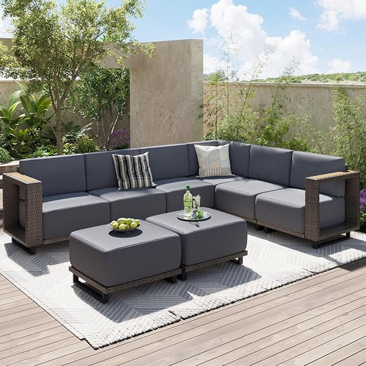 Aoxun Patio Furniture Set, 8 Piece Outdoor Wicker Sectional Sofa Set, All-Weather Rattan with 10'' Ultra-Thick Cushions, Outdoor Conversation Set for Backyard, Poolside and Garden, Brown/Dark Gray