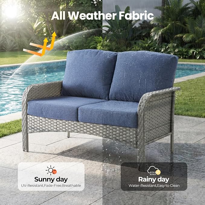 7 Piece Wicker Patio Furniture Set with Swivel Rocker Chairs, Blue | High Back Rocking Chair Sofa, Heavy Duty All Weather Rattan Outdoor Conversation Set, Thick Cushion, Balcony Porch Backyard
