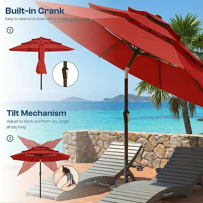 10ft Patio Umbrella, 3 Tier Outdoor Market Table Umbrellas with 8 Fiberglass Ribs and Push Button Tilt, Windproof, Vented Canopy, UV Protection for Deck, Pool, Backyard