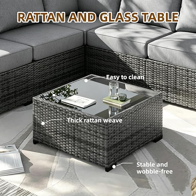 MOCHITO 5 Pcs Outdoor Patio Furniture Sets Grey Rattan Grey Cushions | All-Weather Sectional Sofa, with Glass Table, PE Rattan Wicker Patio Furniture , Washable Cushions, for Balcony Porch Garden