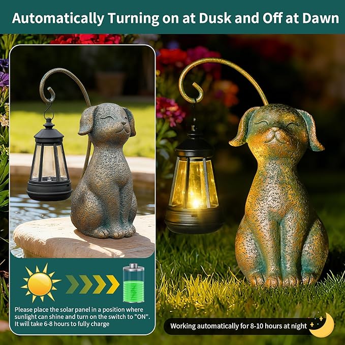 Solar Garden Decor Dog Statues with Lantern,Waterproof Resin Solar Outdoor Statue Decoration for Yard, Lawn, Flower Bed, Backyard, Front Yard, Patio, Balcony – Gift for Dog Lovers