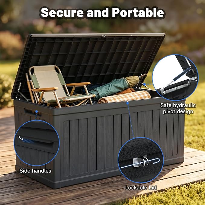 XXL Deck Box Outdoor Storage, Large Waterproof Resin Deck Boxes with Double-Wall Construction, Lockable Patio Storage for Furniture Cushions Garden Tools Pool Supplies, Black (260 Gallon)