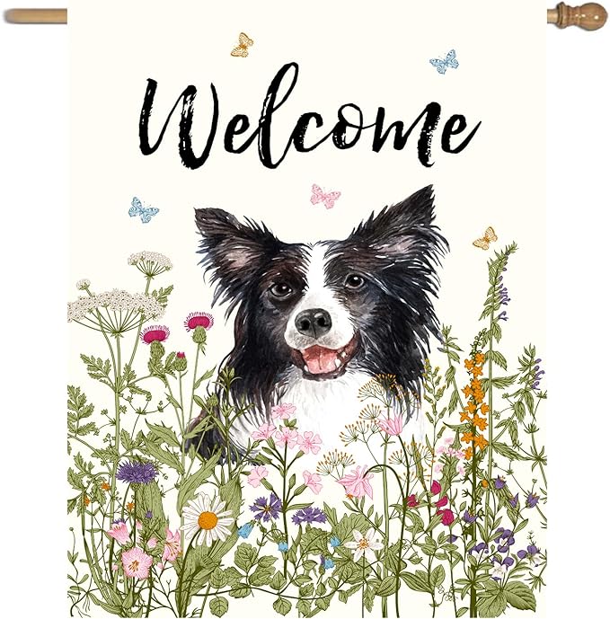 Floral Border Collie Garden Flag Spring Summer House Flags 28 x 40 Double Sided Flower Dog Yard Flags for Outside Large Outdoor Welcome Flags