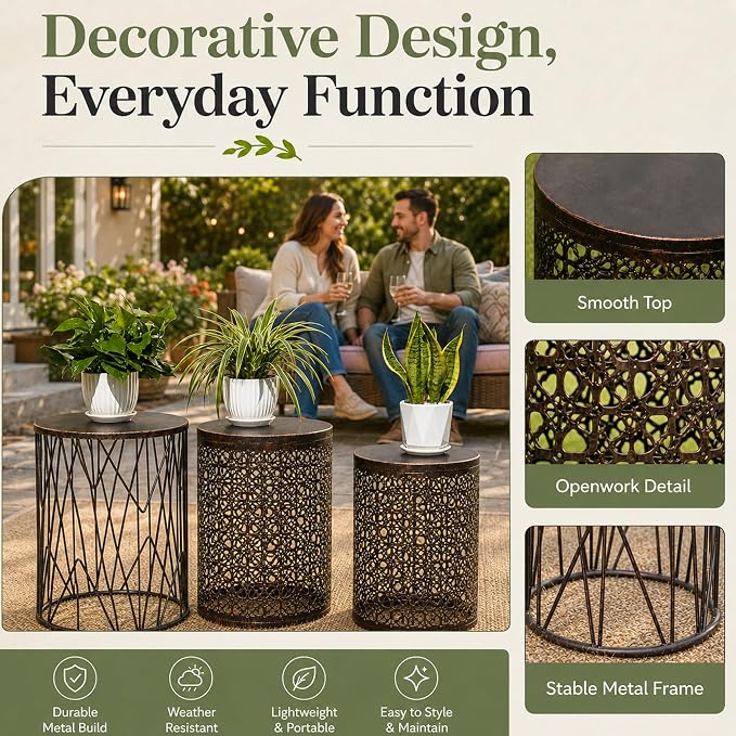 HFHOME Set of 3 Heavy-Duty Round End Table, Side Table, Coffee Table for Indoor Multifunctional Use, Outdoor Decorative Garden Stool Plant Stand-Bronze