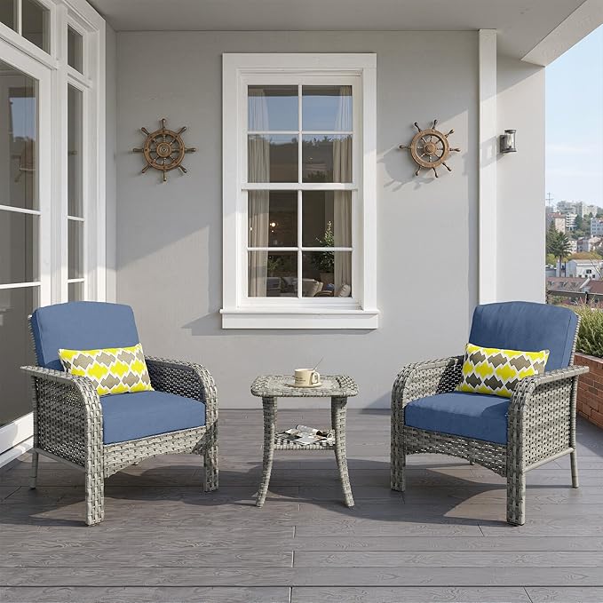 3 PCS Outdoor Patio Furniture Set with Side Table, All-Weather Rattan Wicker Outdoor Conversation Set with Thickened Cushions for Balcony Backyard Garden Lawn,Blue