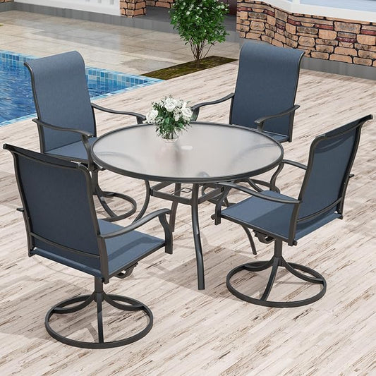Anmutig 5 Piece Outdoor Patio Dining Set with 4 Swivel Dining Chairs & 1 Round Glass Dining Table, All Weather Dining Furniture Set for Lawn Garden Blue