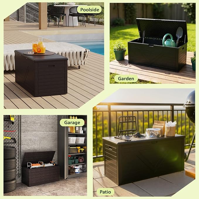 Outdoor Storage Box,260 Gallon Deck Box Outdoor Storage Bench Outside Waterproof Resin Storage Bench, Lockable Patio Cushions, Garden Tools Storage For Furniture, UV Resistant (Black)