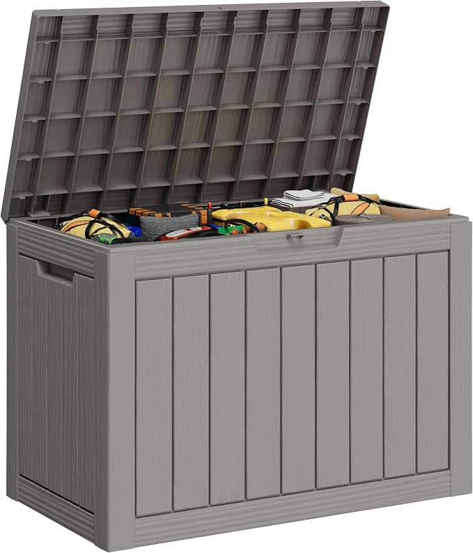 Outdoor Storage Box, 40 Gallon Resin Deck Boxes Outdoor Waterproof For Patio Furniture, Garden Tools, Pool Supplies, Lockable And UV Resistant (Striped Gray)