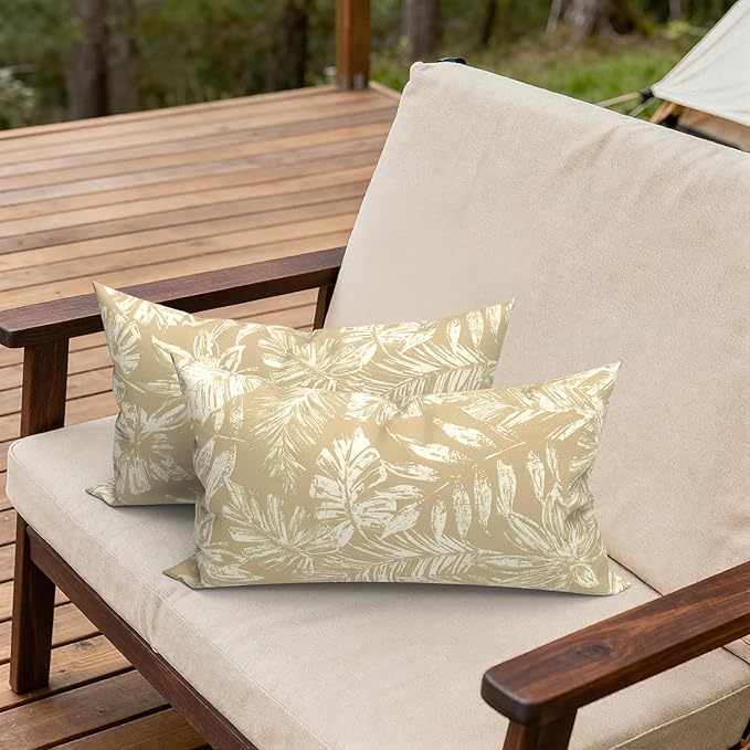 Outdoor Lumbar Pillows 12x20 Inch, Water Repellent Cushion Pillows, Outdoor Pillows with Inserts for Home Garden Pack of 2, Tropical Leaf Oat