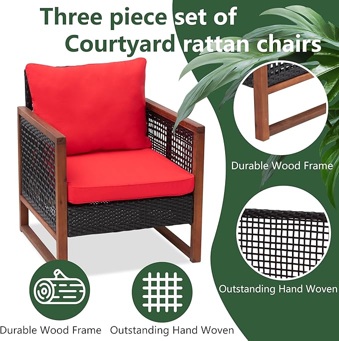 PayLessHere 3 Pieces Patio Set Wicker Patio Furniture Acacia Wood Outdoor Patio Furniture Set Rattan Chair Conversation Sets Bistro Set with Coffee Table and Water Resistant Cushions(Red)