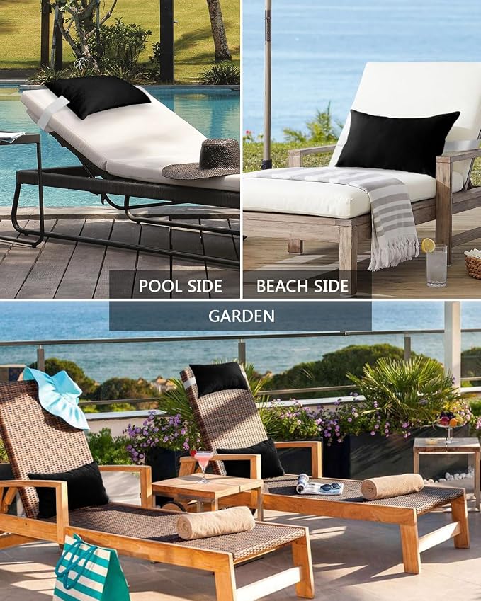 Outdoor Pillows Covers with Inserts Pure Black Solid Color Waterproof Recliner Pillow with Adjustable Strap Throw Pillows for Patio Furniture Pool Lounge Chair, 11x16 inch, 1PCS