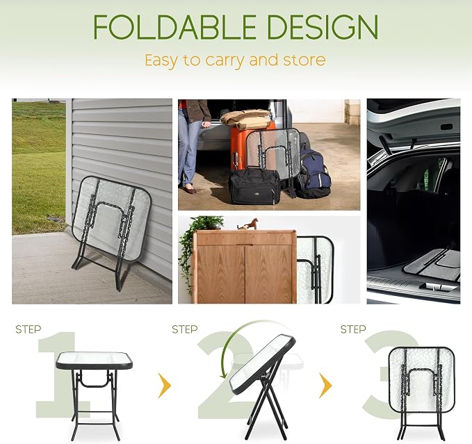 Folding Outdoor Side Table -Patio End Bistro Tables Portable Small 17.5" Square Tempered Glass Top Waterproof Dining Coffee Metal Black