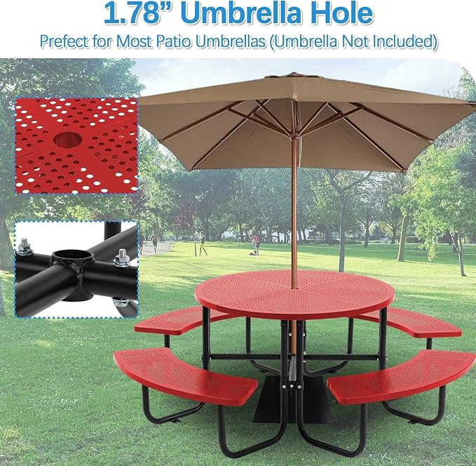 46" Round Metal Picnic Table with Umbrella Hole, Heavy Duty Portable Outdoor Dining Set, All-Weather Steel BBQ Party Table for Patio Garden Backyard, Red (Red-Round)