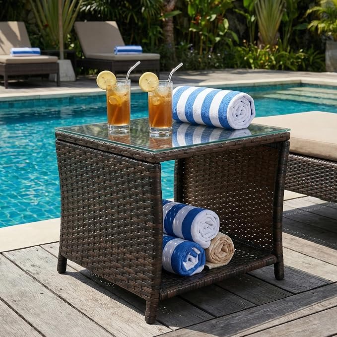 Outdoor Patio Wicker Table,Rattan Side Table,Modern Patio End Side Table with Glass Countertop and Storage Space,for Porch Garden Balcony