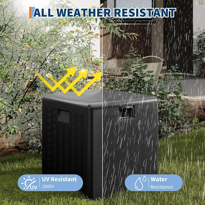 28 Gallon Outdoor Storage Box, Large Resin Deck Box with Lockable Lid & UV Resistant, All-Weather Deck Box for Patio Furniture, Pool Accessories, Gardening Tools, Black