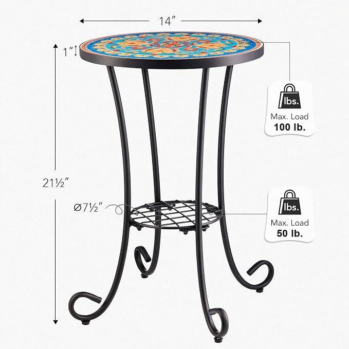 VONLUCE Patio Side Table and Plant Stand, 21" End Table with 14" Ceramic Tile Top for Porch Garden Decor, Indoor & Outdoor Accent Table, Living Room Bedroom Balcony Furniture for Home Garden, Faberge