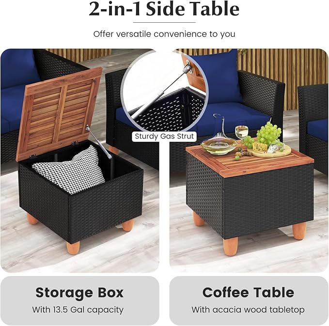 Tangkula 4 Piece Outdoor Conversation Set, Patio Cushioned Chairs w/Storage Coffee Table, Acacia Wood Tabletop & Chair Legs, Patio Wicker Furniture Set for Poolside, Lawn, Porch (1, Navy)