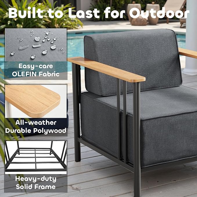 Luxury Patio Furniture Set with 10" Extra Thick Cushions, 8 PCS Outdoor Furniture Set with Patio Chairs & Couch & Coffee Table, Suitable for Porch, Balcony, Deck, Yard, Poolside, Black/Grey