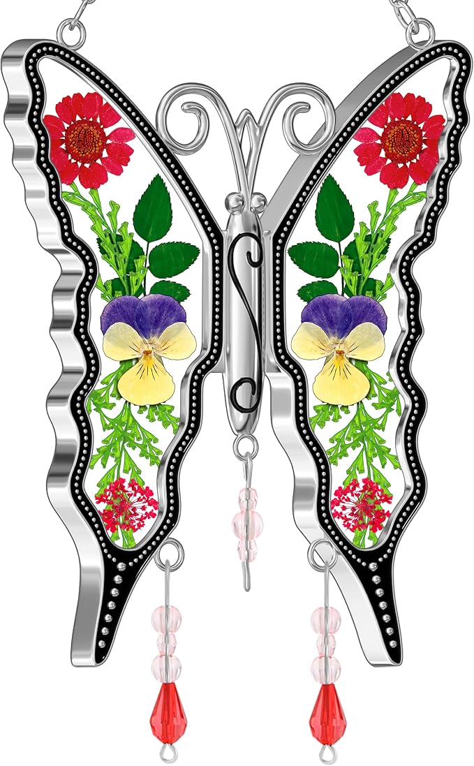 KY&BOSAM Pressed Flowers Butterfly Suncatcher Stained Glass Window Hanging | DIY Gift for Women Wind Chimes Ornament,Metal Frame & Dried Flowers in Glass,Mothers Day Gifts for Mom,Birthday,Christmas