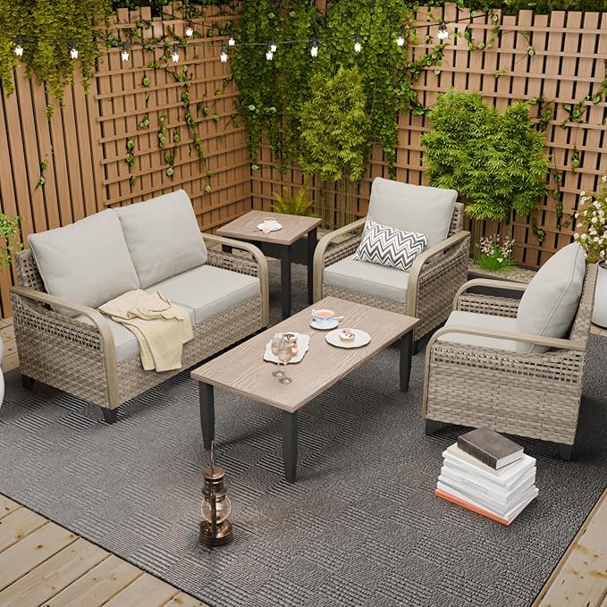 COOS BAY Modern Wicker Outdoor Furniture Set, 5 Piece Patio Conversation Set with 2 Patio Chairs, a Loveseat, Coffee Table and Side Table, 5 Piece, Brown/Gray