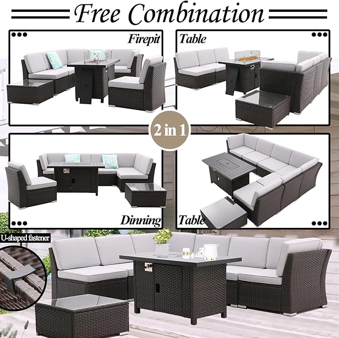 Patio Sofa Set with 46 Inch Propane Firepit Table Coffee Table Outdoor Sectional Set Patio Conversation Set Patio Furniture Sets All Weather with Thick Cushion Rattan Weaving