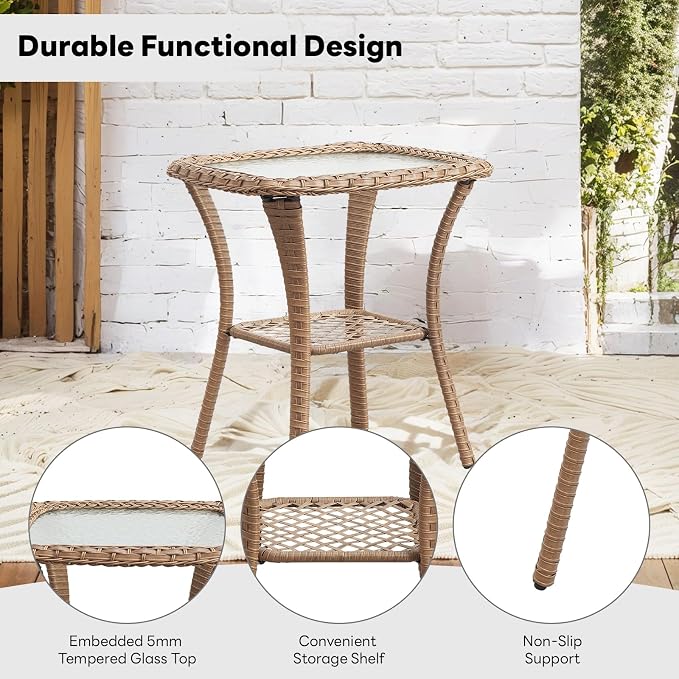 Belord Small Outdoor Side Table - 50 LBS Weight Capacity Wicker Side Table with Storage, Tempered Glass Top Patio Side Table for Porch Balcony Deck Yellow