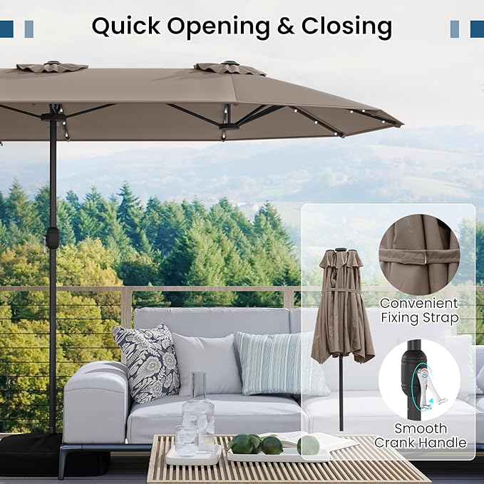 Tangkula 13FT Double-Sided Solar Patio Umbrella, Extra-Large Outdoor Twin Umbrella with 36 LED Lights, Vented Top, Crank Handle, 12 Ribs, Weighted Base Included for Backyard Poolside Deck (Tan)