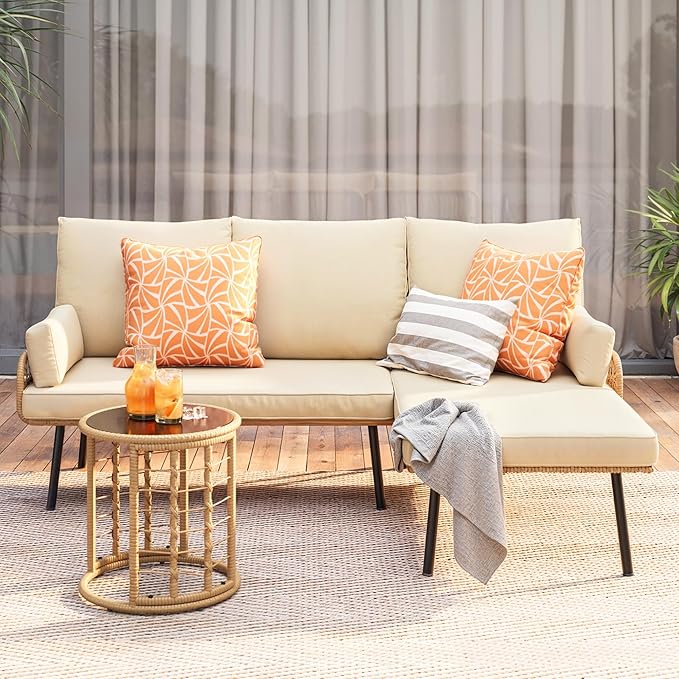 Gizoon 3-Piece Outdoor Patio Furniture Set, All-Weather PE Wicker L-Shaped Conversation Sofa with Thick Cushions & Glass Table, for Backyard, Porch, Balcony, Poolside (Beige)