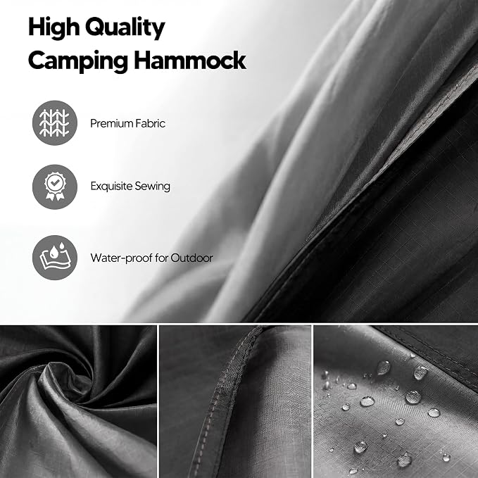SUNCREAT Camping Hammock – up to 450lbs Portable Hammock with Tree Straps - Travel, Backpacking, Hiking, Black