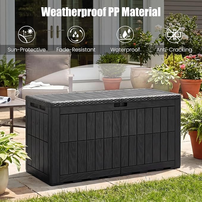 HAPPYGRILL 100 Gal Outdoor Deck Box, Lockable Storage Bin with Lid and Handles, Waterproof and Sun-Protective Patio Bench and Storage Box for Garden Tools Pool Supplies (Black, 100Gallon)