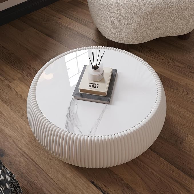 27.55" Round Coffee Table with Marble Top, Luxury Sintered Stone Coffee Table PU Leather Drum Center Tables Circle Cocktail Tea Table for Living Room Apartment No Assembly Cream White