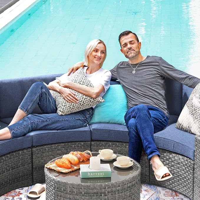 SUNSITT Outdoor Patio Furniture 11-Piece Half-Moon Sectional Round Patio Furniture Set Curved Outdoor Sofa with Tempered Glass Round Coffee Table, 4 Pillows, Grey Rattan & Denim Blue Cushion