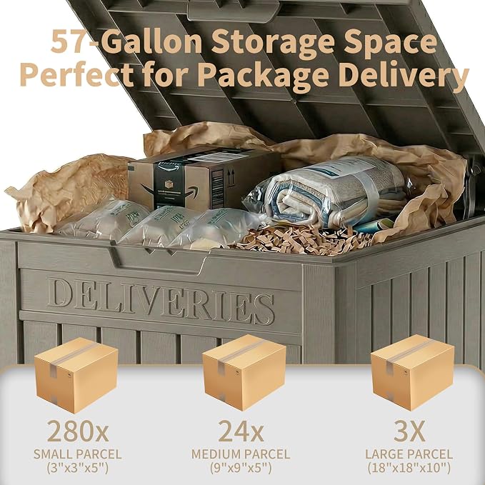 Package Delivery Box, Lockable Resin Outdoor Package, Waterproof Deck Box for Porches, Patios, Indoor & Outdoor Use (57 Gallon, Grey)