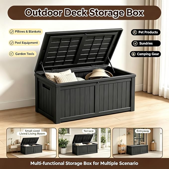 146 Gallon Deck Box, Waterproof Outdoor Storage Box, Lockable Resin Patio Storage Box for Cushions, Garden Tools & Pool Accessories, Heavy Duty Outdoor Storage Bench, Black