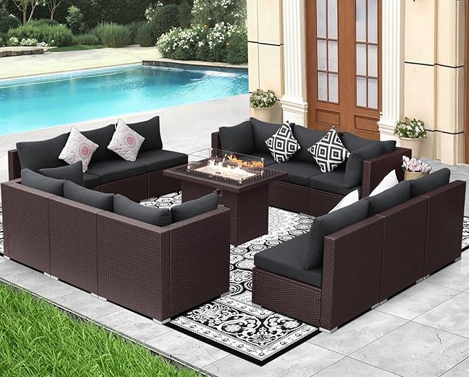 NICESOUL 13 Piece Patio Furniture w/Fireplace, Elegant Outdoor Seating w/Firepit, XL 29.3'' High Back Sectional Sofa, All-Weather Rattan Deck Couch, Modular Sturdy Conversation Set, Brown & Gray