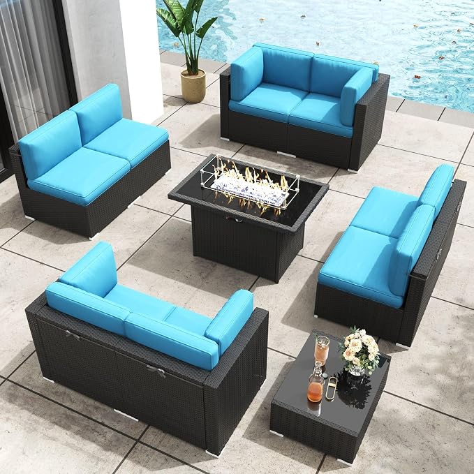 Patio Furniture Set with Fire Pit Table, 10 Pieces Outdoor All-Weather Wicker Conversation Sectional Chair Sofa Set