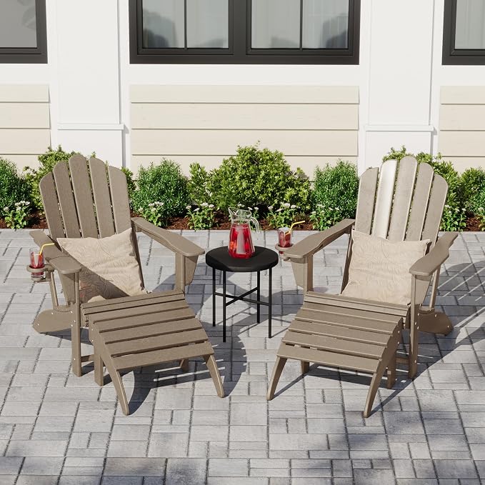 Costaelm Lakeview 4-Piece Outdoor Patio HDPE Adirondack Chairs with Ottomans and Cup Holder Set, Weathered Wood