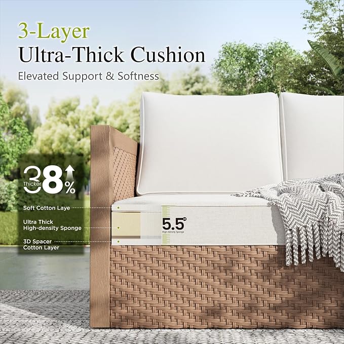 Sophia & William HDPE Patio Furniture Set，Modern Outdoor Sectional Sofa Set with 5.5" Cushions and 43.5" Wood Grain Coffee Table, Deep Seating Outdoor Conversation Set for Backyard(Beige, 5 Seats)