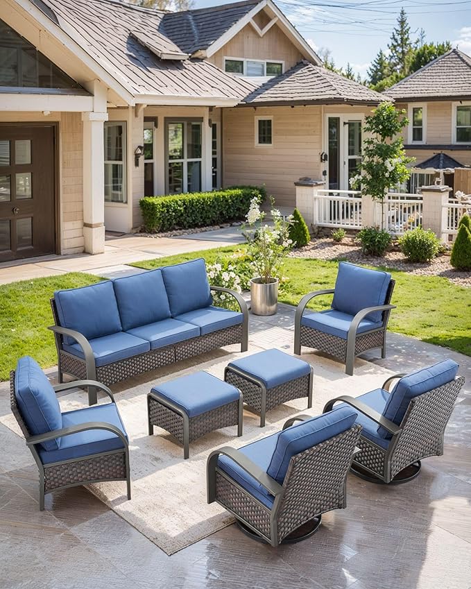 HUMMUH 7 Piece Outdoor Patio Furniture Sets-High Back Swivel Rocker Patio Chairs with Wicker Patio Couch Outdoor Conversation Furniture Set for Deck Porch Garden Poolside Backyard-Brown/Blue