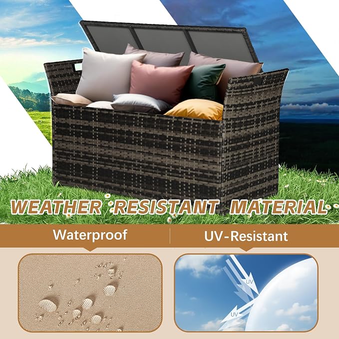 90 Gallon Outdoor Wicker Storage Bench with Cushion, Patio PE Rattan Deck Box with Handles (Gray), Grey